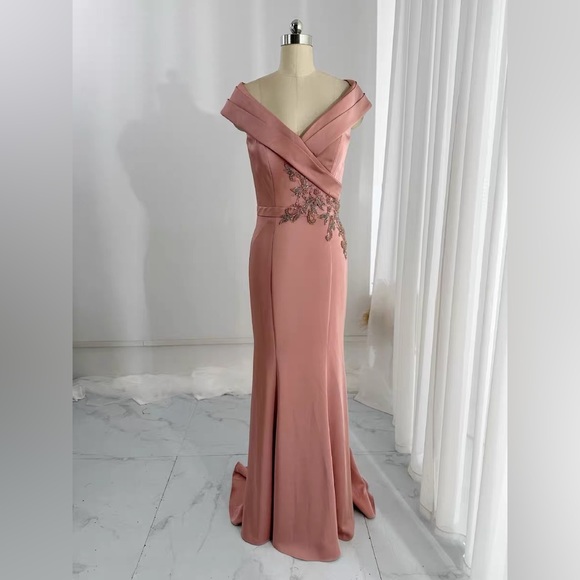 Size M (6)Montage by Mon Cheri M502/Dark Pink Surplice Off-shoulder Formal Dress - Picture 2 of 10